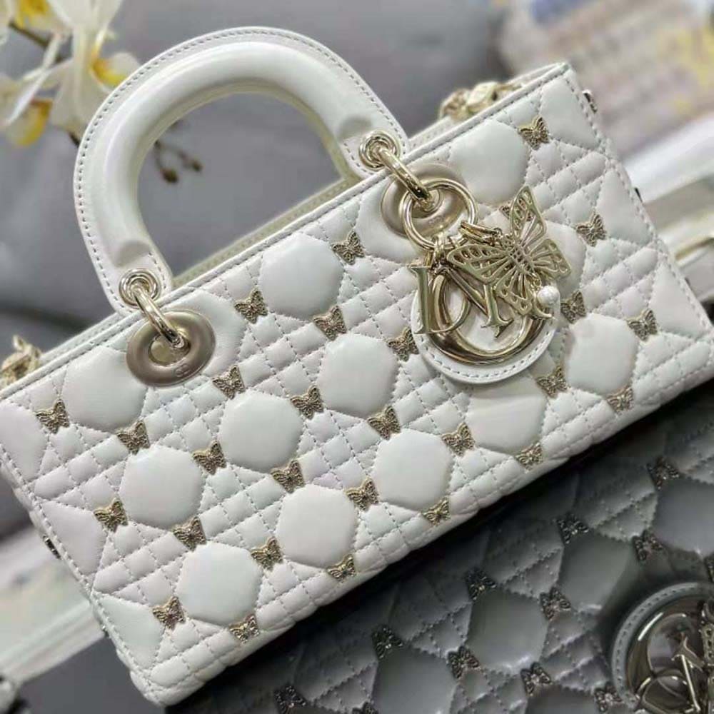 TÚI Dior Women Medium Lady D-joy Bag White Cannage Lambskin with Gold-Finish Butterfly Studs