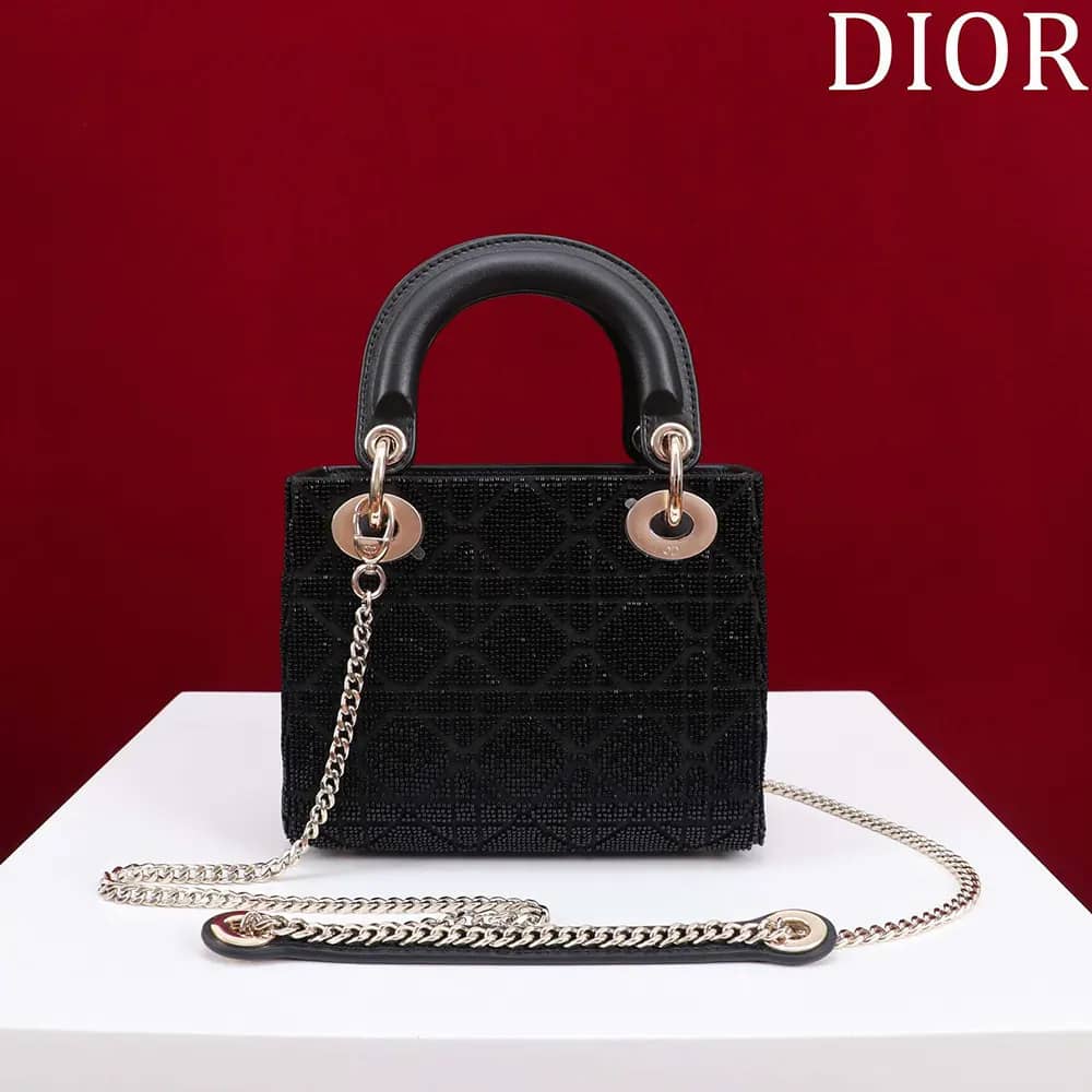 TÚI Dior Women Micro Lady Dior màu xám ánh kim Cannage da cừu thêu hạt