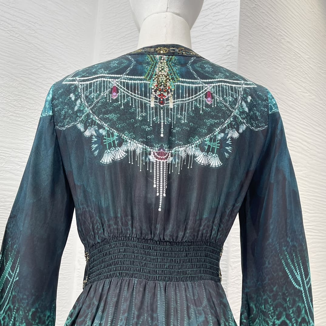 VÁY CAMILLA WorldCloset Peacock Blue Exotic Style Vintage Midi Dress High Classy