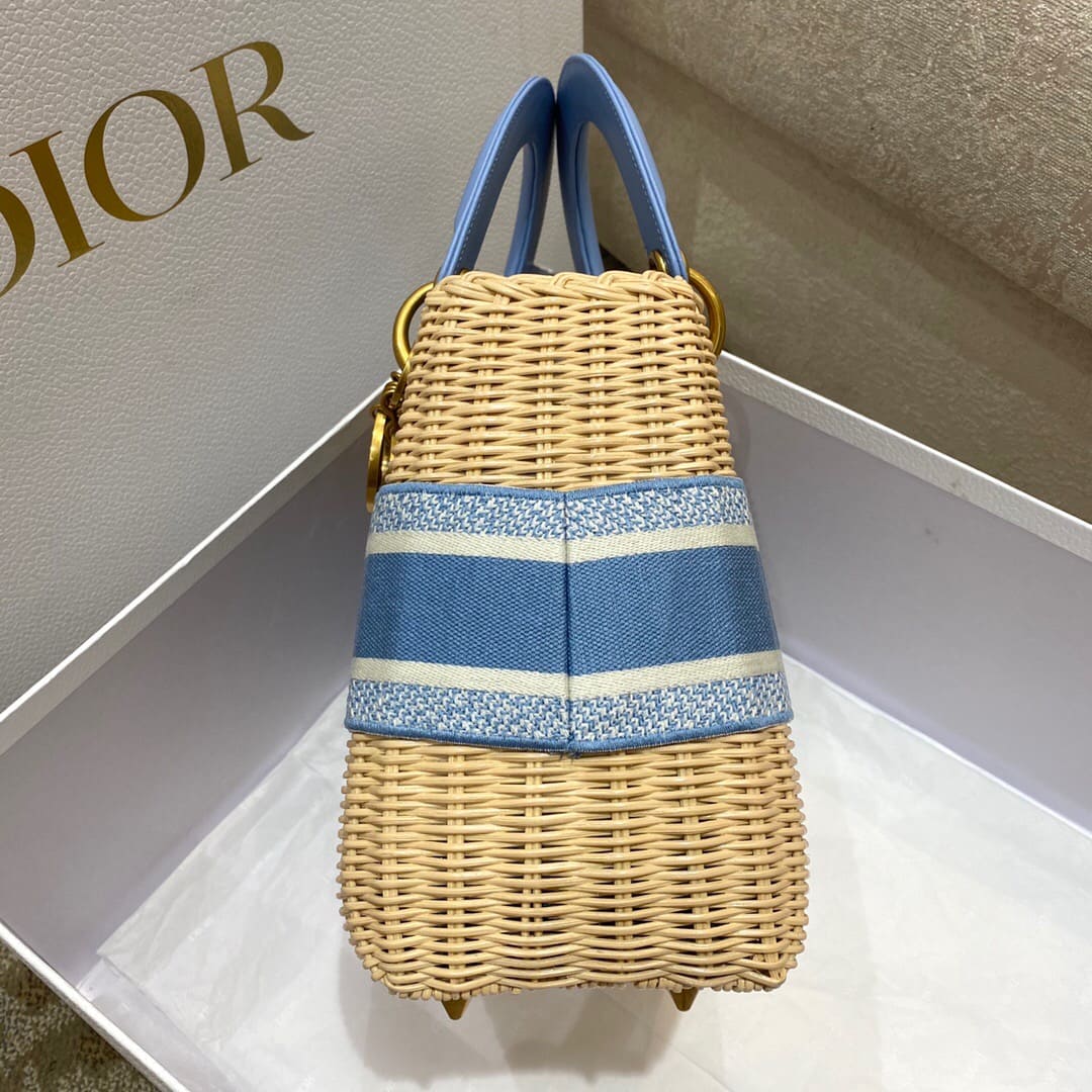 TÚI Dior Women Medium Lady Dior Bag Natural Wicker and Blue Dior Oblique Jacquard