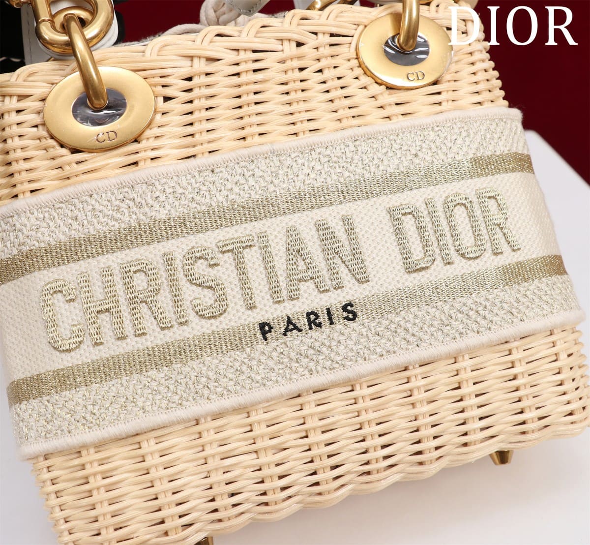 TÚI Dior Women Mini Lady Dior Bag Natural Wicker and Cream Dior Oblique Jacquard dệt tay bằng liễu gai