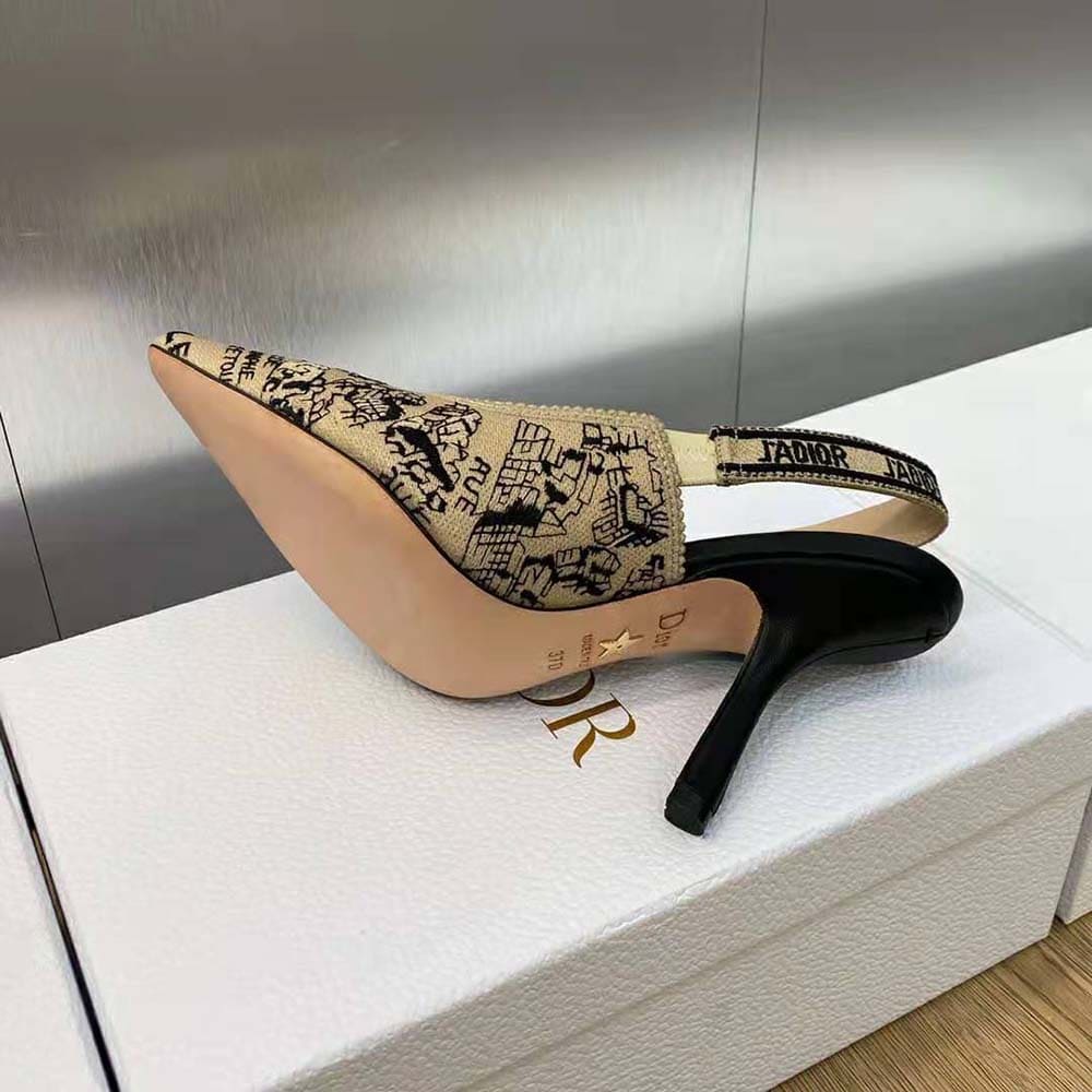 GIÀY Dior Women J’Adior Slingback Pump Black and Beige Cotton Embroidered with Plan de Paris Motif