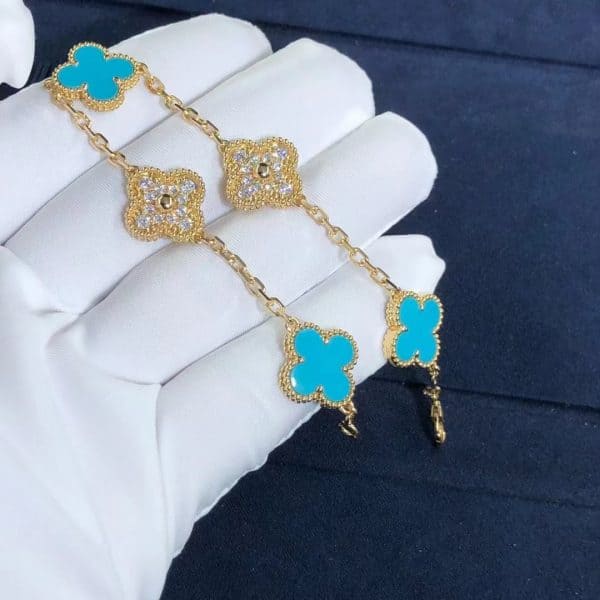 Vòng tay vàng 18k đính kim cương và ngọc lam Vintage Alhambra 5 họa tiết Van Cleef & Arpels 18K  (Liên hệ để biết giá)