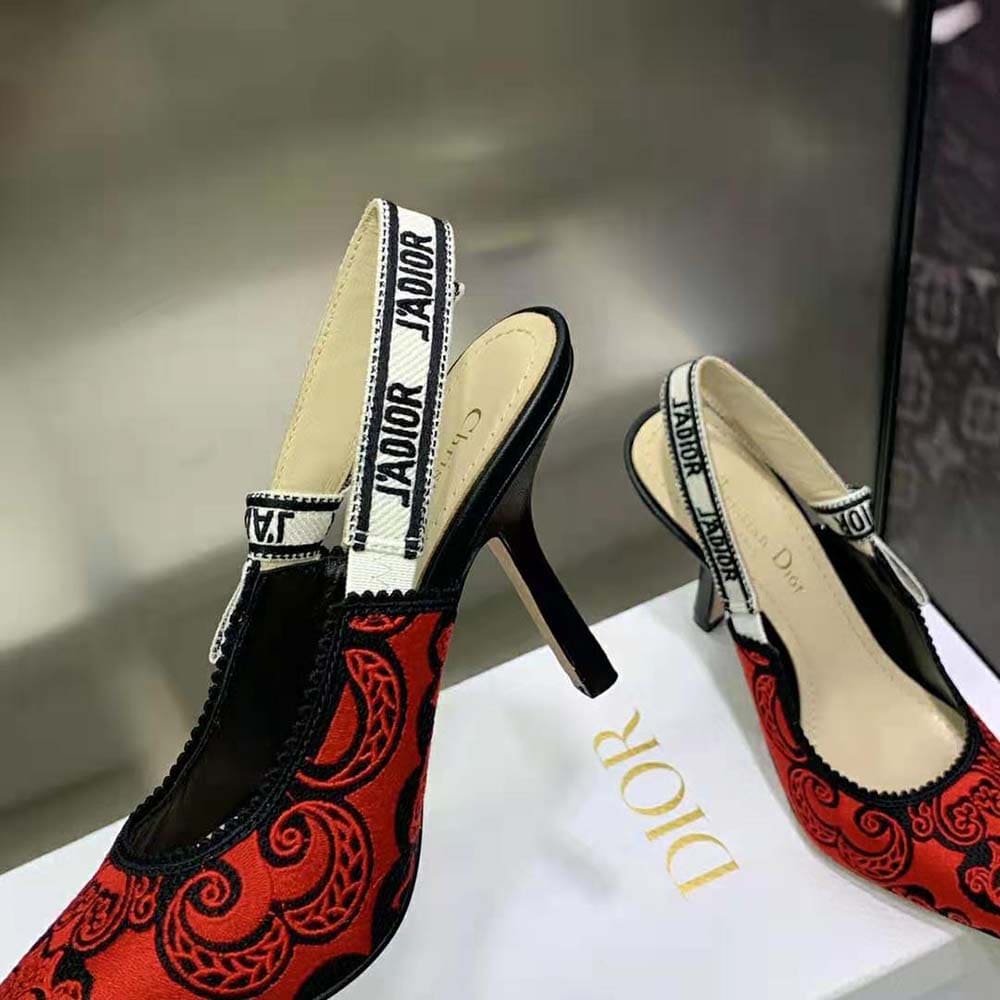 GIÀY Dior Women J’Adior Slingback Pump Black and Red Cotton with Dior Bandana Embroidery