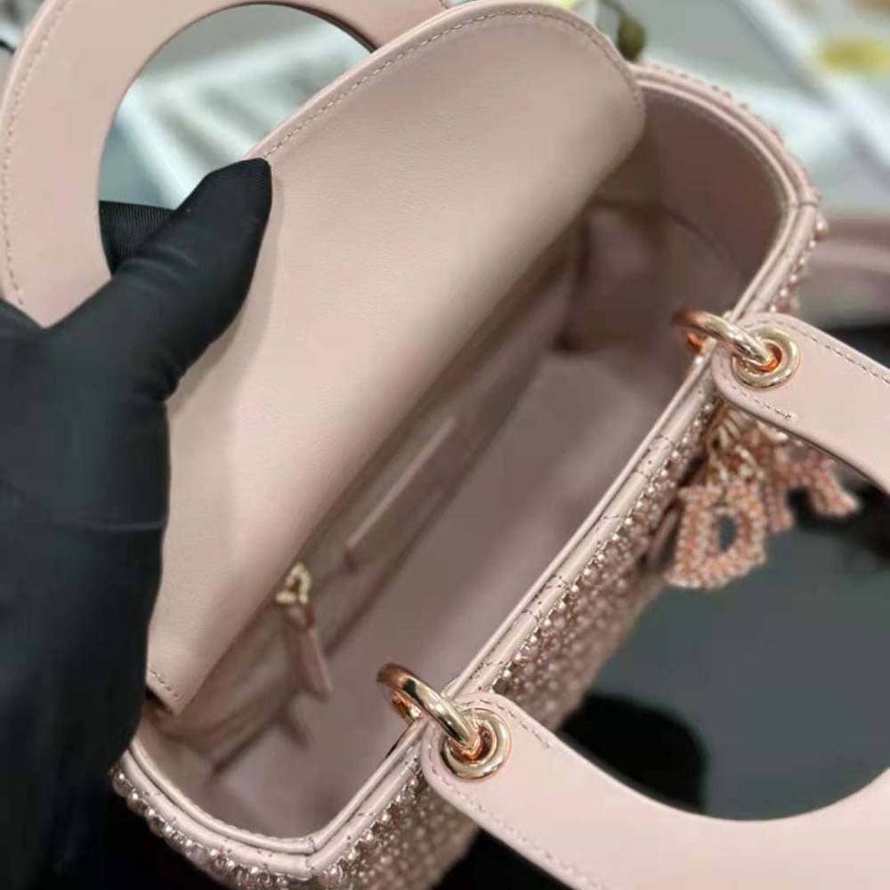 TÚI Dior Women Small Lady Dior Bag Rose Des Vents Cannage Calfskin Embroidered with Resin Pearls