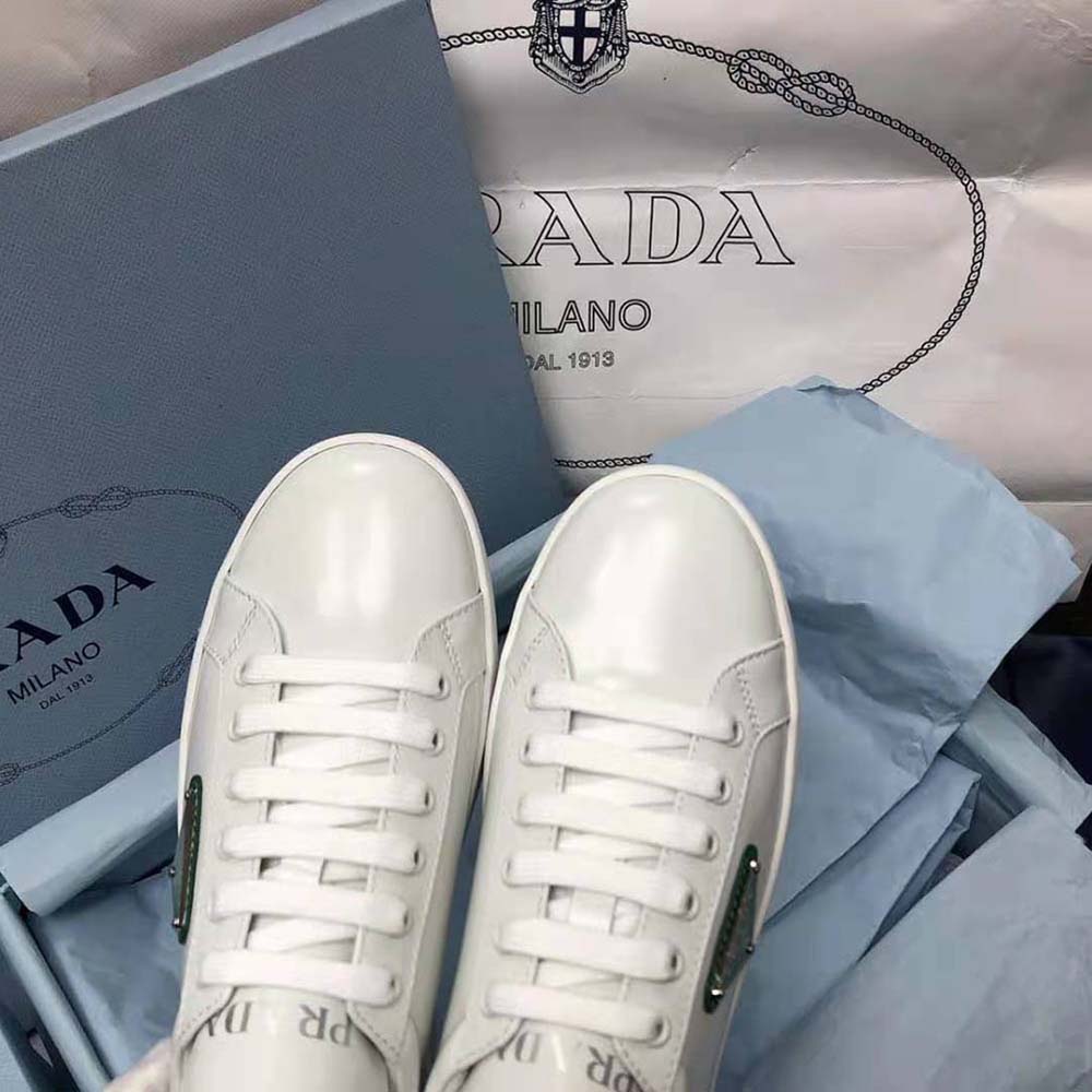 GIÀY PRADA Men Brushed Leather Sneakers-Green