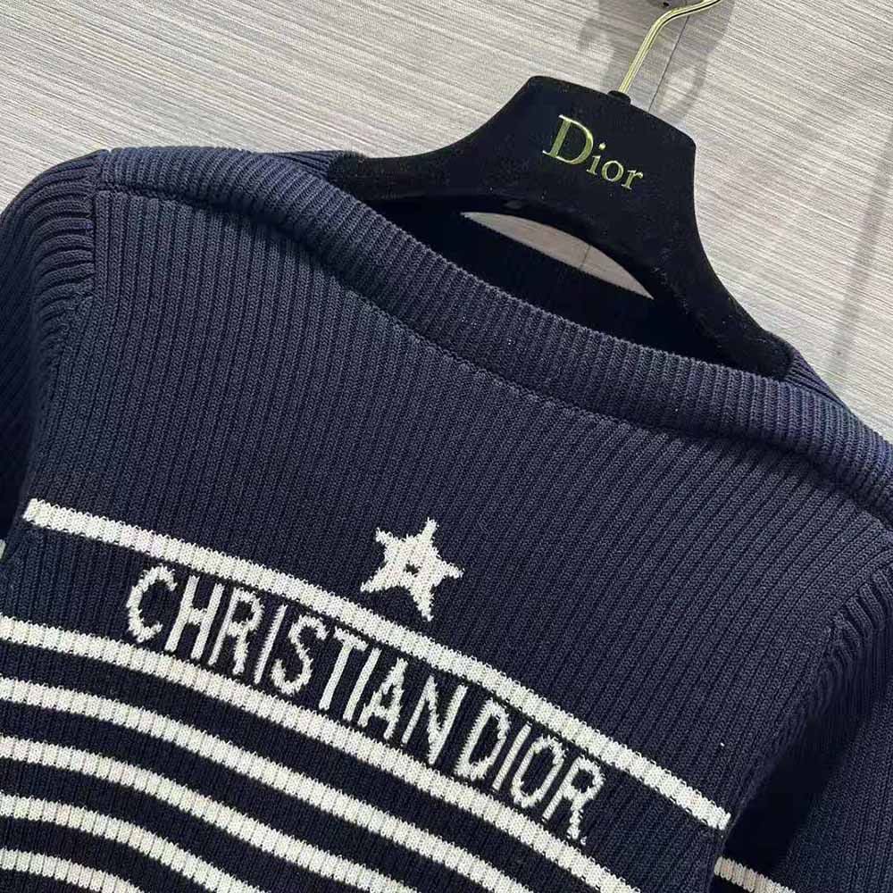 ÁO Dior Women Sweater Navy Blue and White Cotton Ribbed Knit with Signature