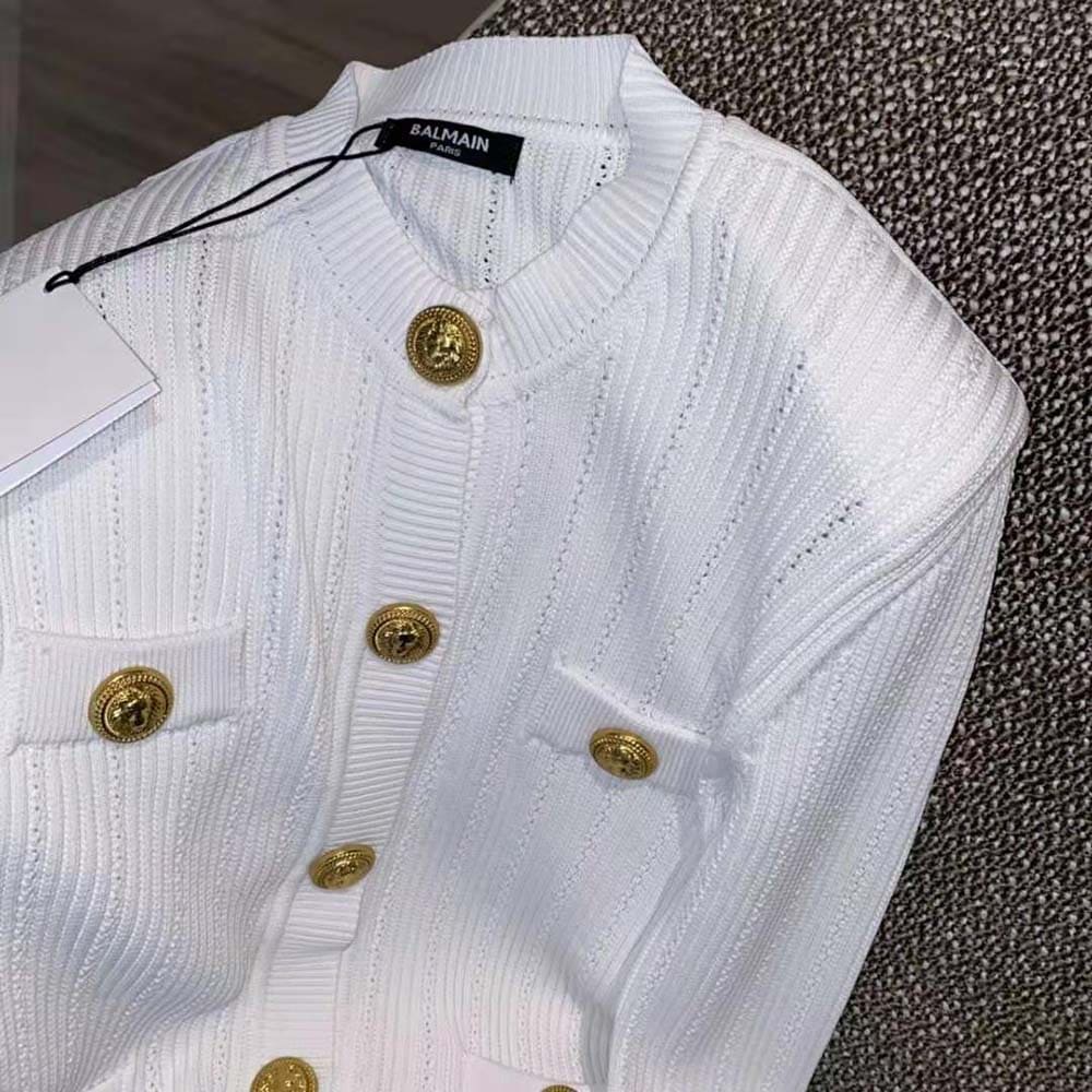 ÁO Balmain Women Knit Cardigan with Gold Buttons-White