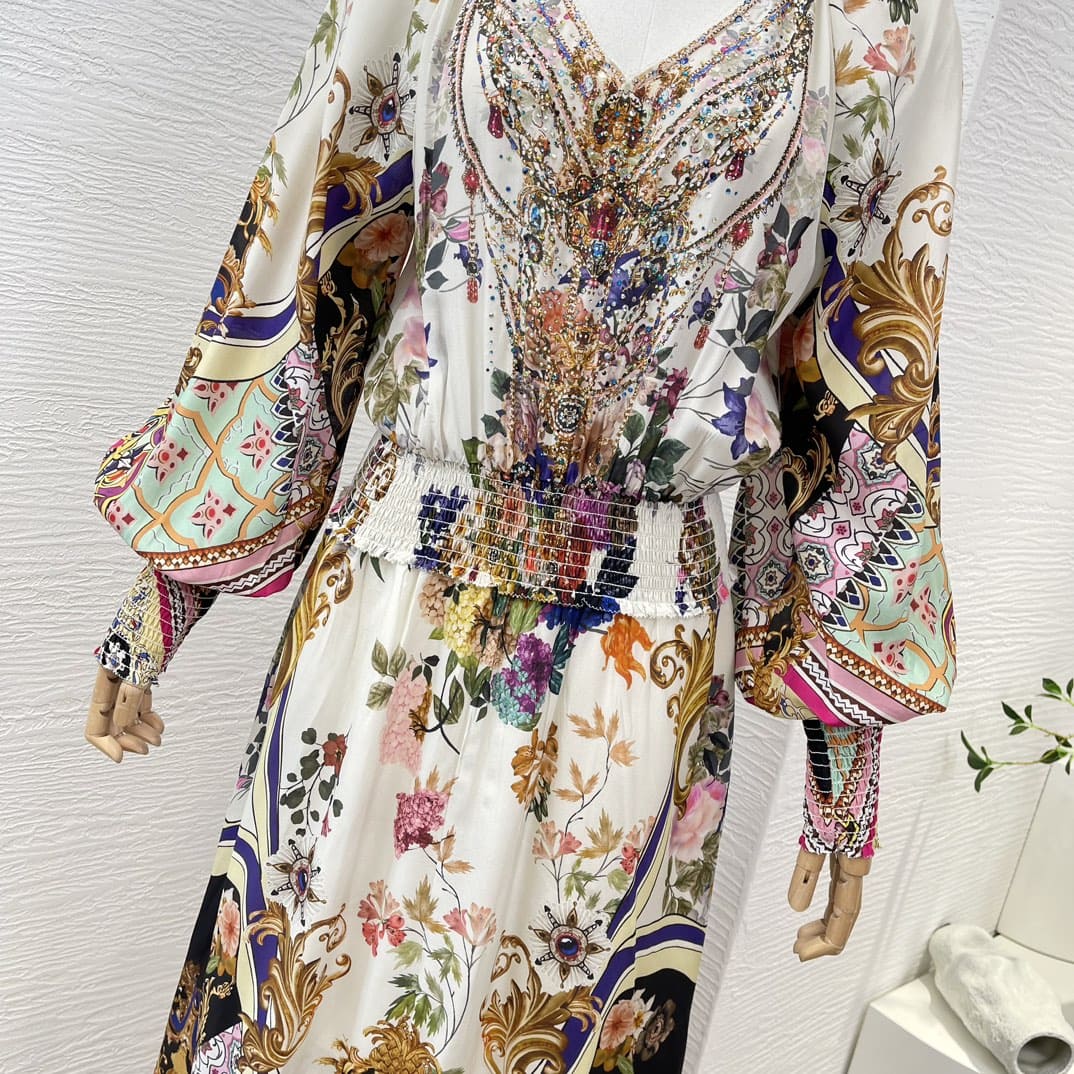 VÁY CAMILLA WorldCloset Floral Print White Long Sleeve Diamonds Midi Dress High Classy