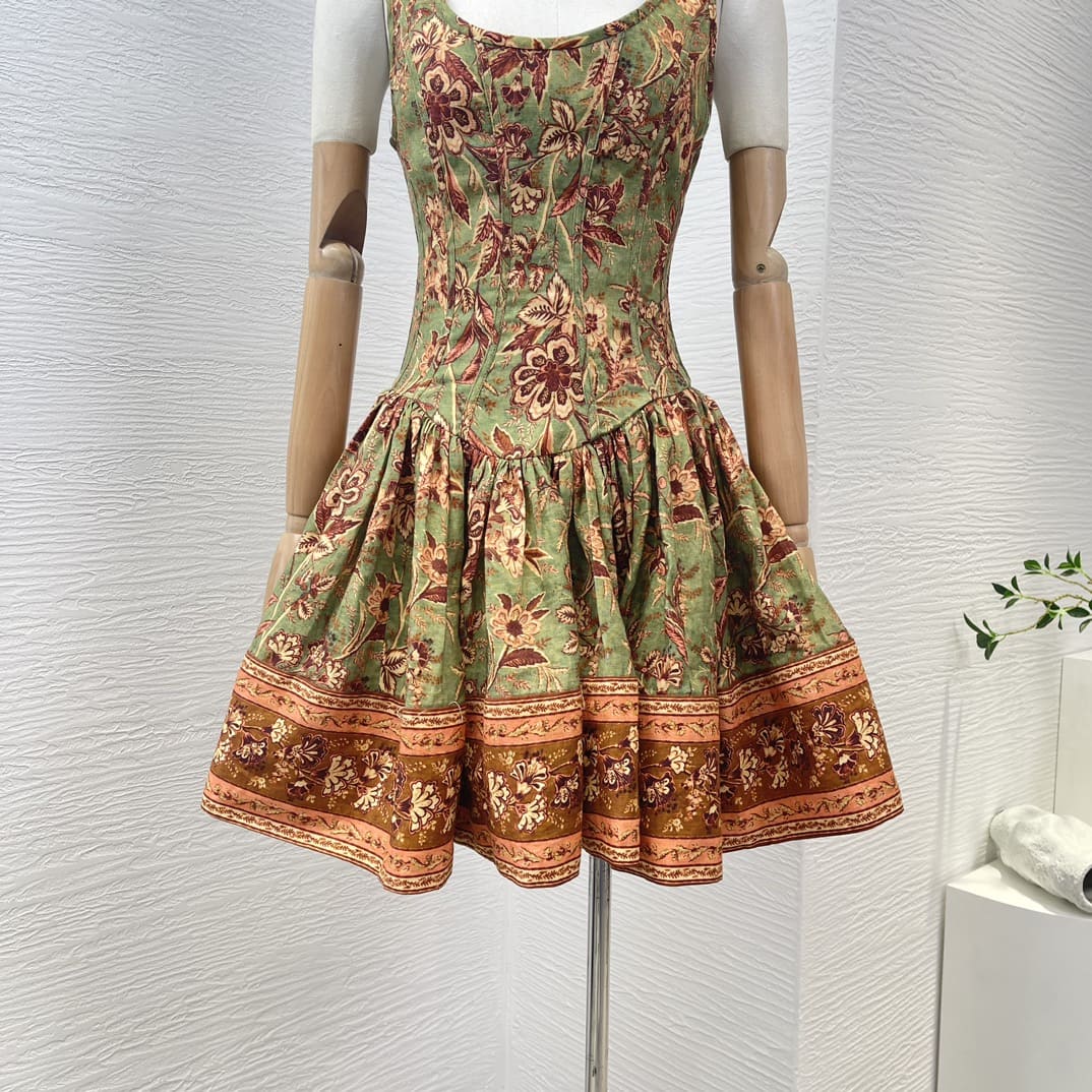 VÁY ZIMMERMANN Green Square Collar Sleeveless Floral Print Mini Dress High Classy