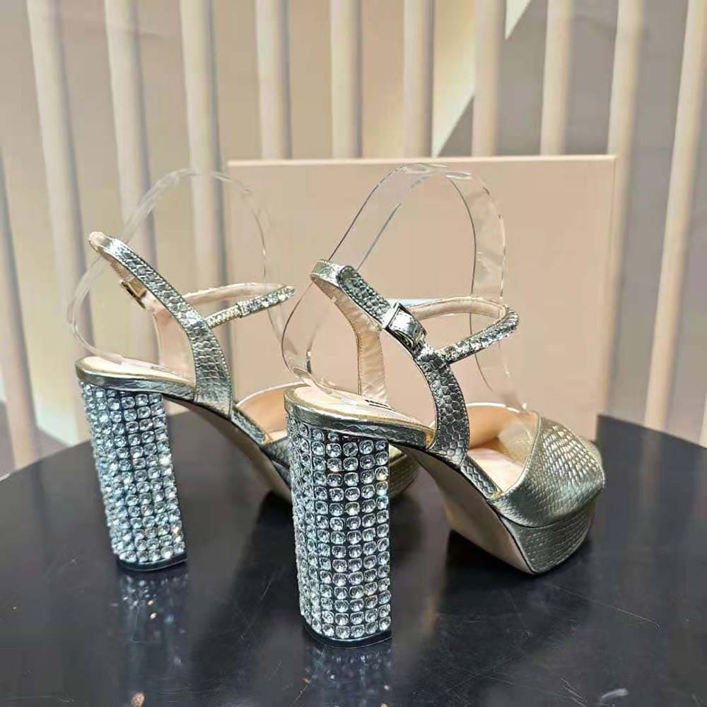 GIÀY Miu Miu Women Lizard-print Leather Platform Sandals-Gold