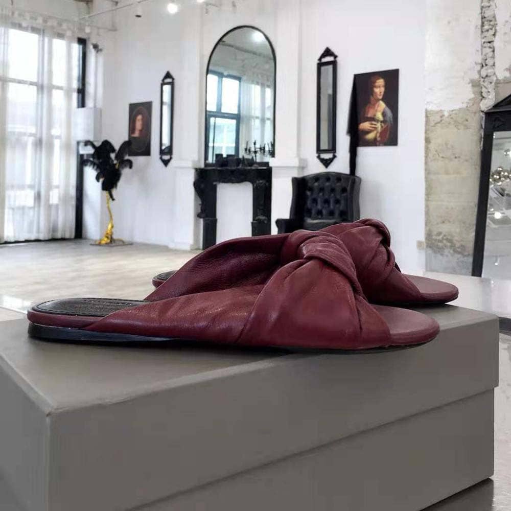 DÉP Balenciaga Women Drapy Flat Sandal in Dark Red Smooth Nappa Lambskin