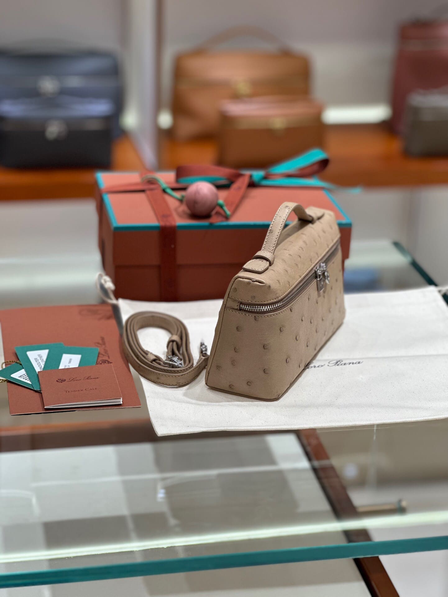 TÚI Loro Piana Women Extra Pocket L27 in Ostrich Leather Light Brown da đà điểu(Gía Liên Hệ)