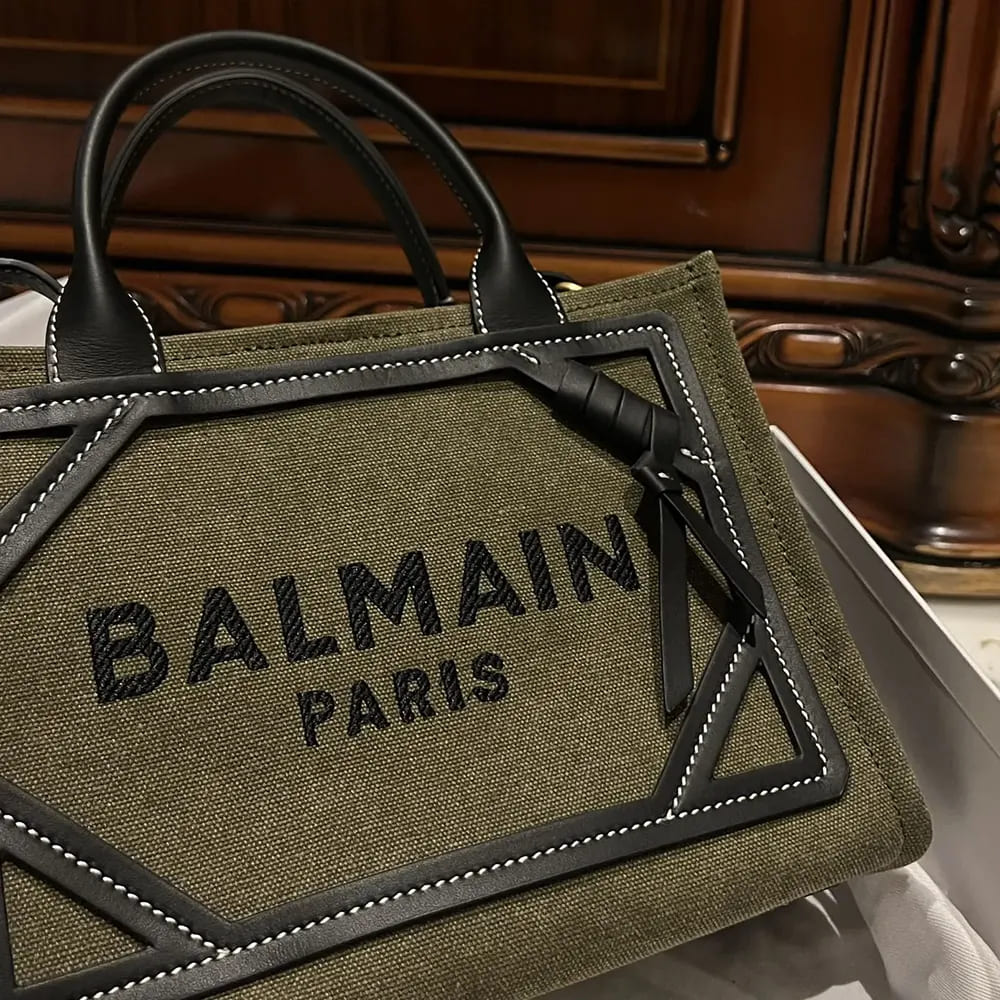 TÚI BALMAIN B-Army Small Canvas Shopping Bag with Leather Inserts