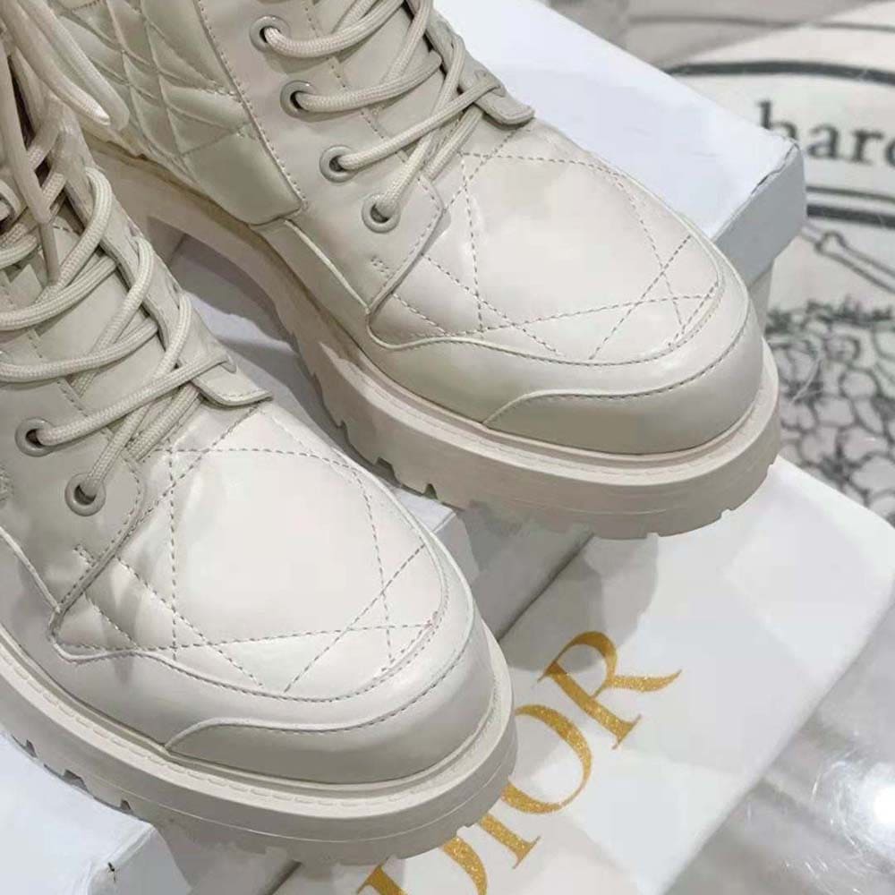 GIÀY Dior Women D-Leader Ankle Boot White Quilted Cannage Calfskin