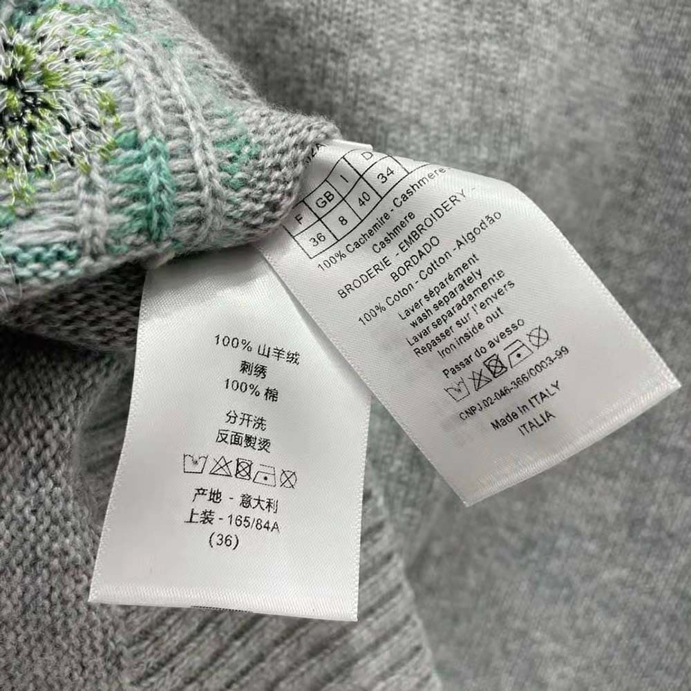 ÁO Dior Women Embroidered Sweater Gray Cashmere Knit with Red Multicolor Florilegio Motif