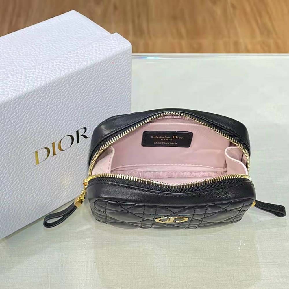 TÚI Dior Women Small Dior Caro Zipped Pouch Black Cannage Lambskin