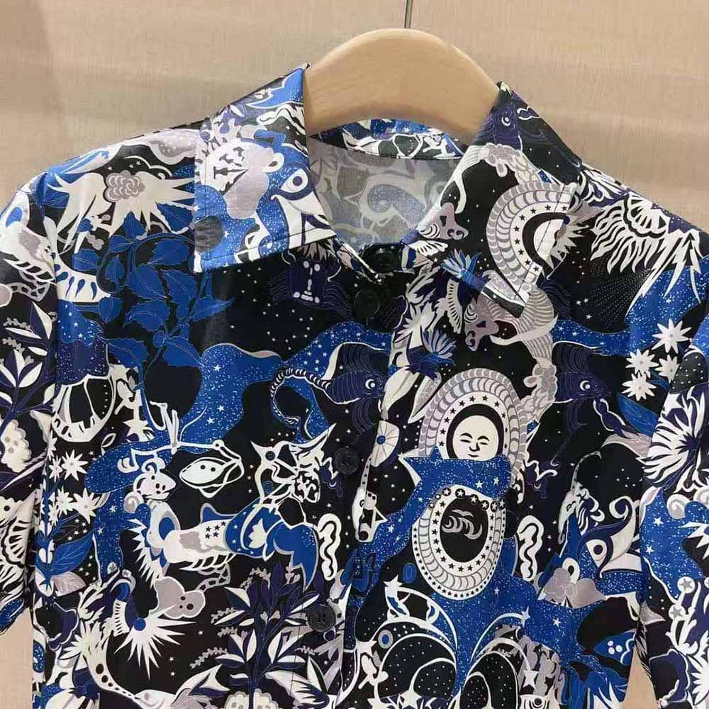 VÁY Dior Women Mid-Length Belted Dress Blue Dior Zodiac Fantastico Cotton Poplin