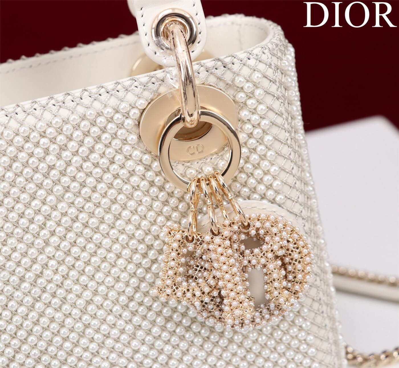 TÚI CHRISTIAN DIOR LADY DIOR Cannage Calfskin with Platinum Beaded Pearl Embroidery White