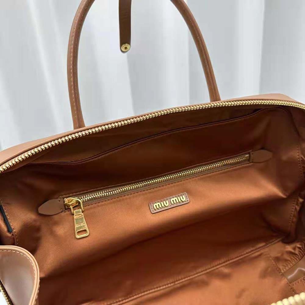 Túi Miu Miu Women Leather Top-handle Bag with Embossed Lettering Logo-Brown