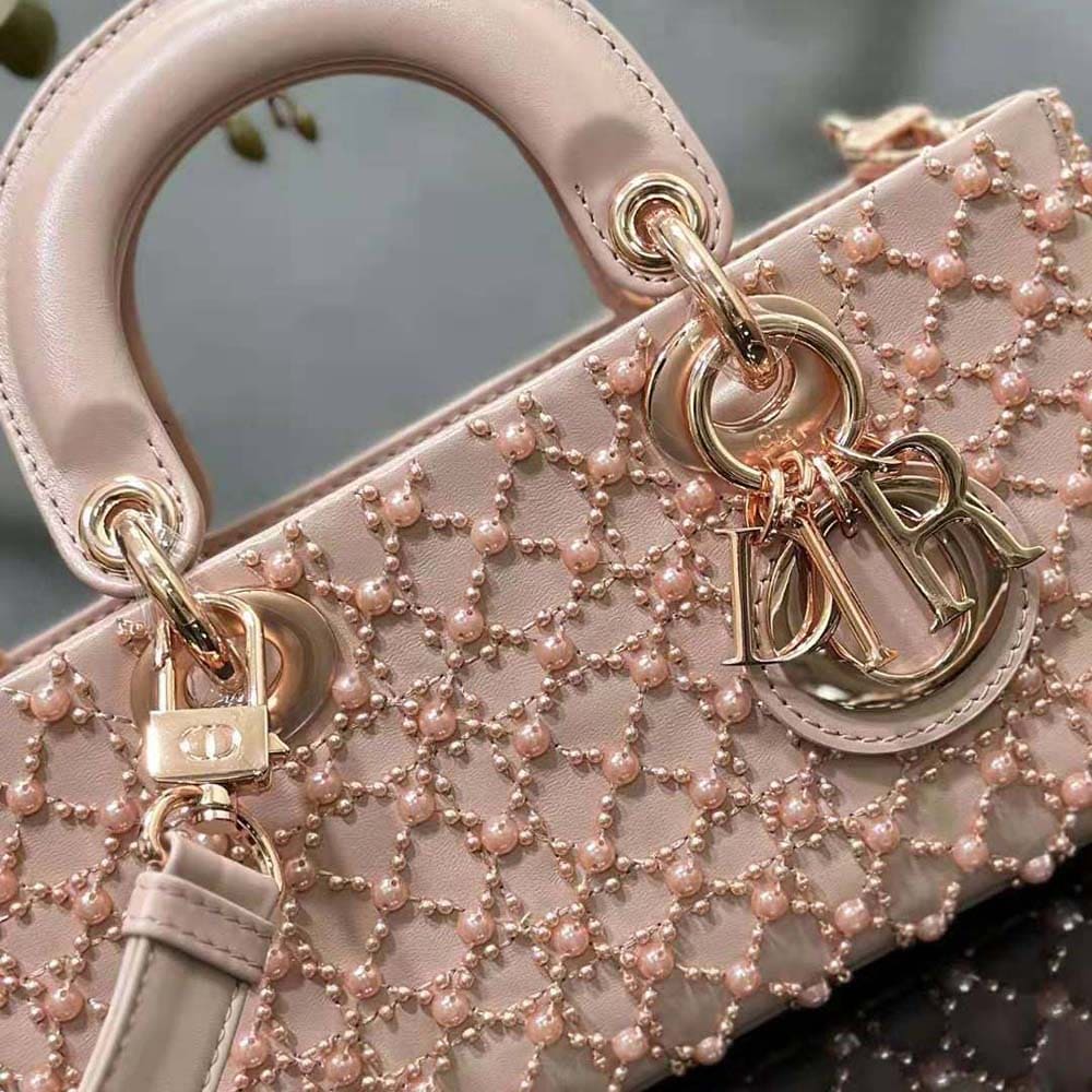 TÚI Dior Women Small Lady D-joy Bag Rose Des Vents Cannage Calfskin Embroidered with Resin Pearls