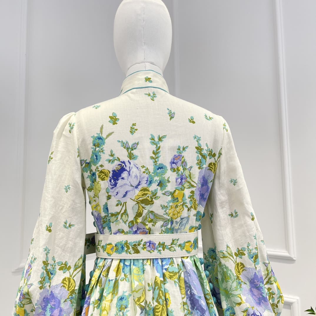 VÁY ZIMMERMANN Floral Printing Spring Summer Mandarin Collar Mini Dresses with Belt High Classy