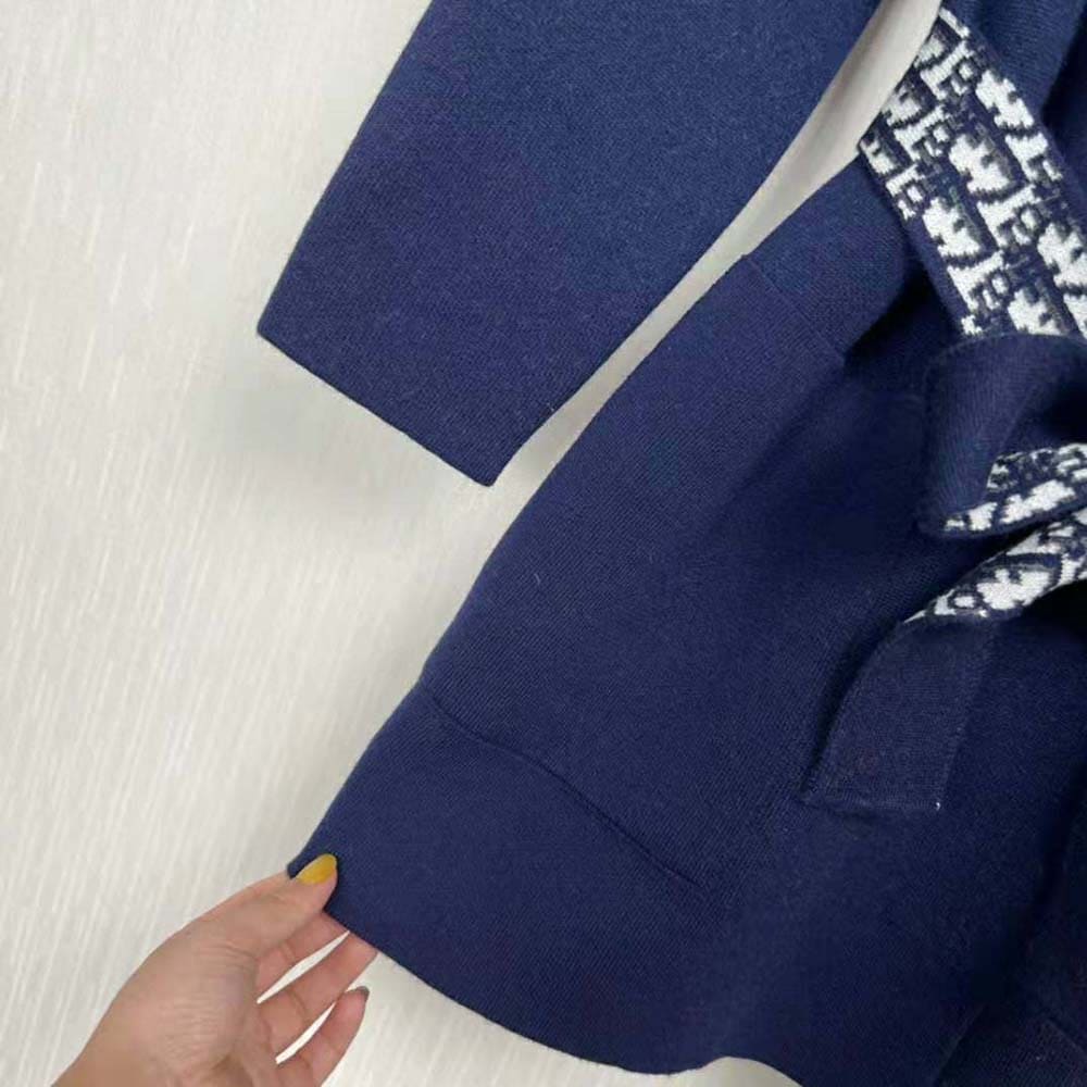 ÁO Dior Women Cropped Coat with Hood and Belt Navy Blue Double-Sided Wool