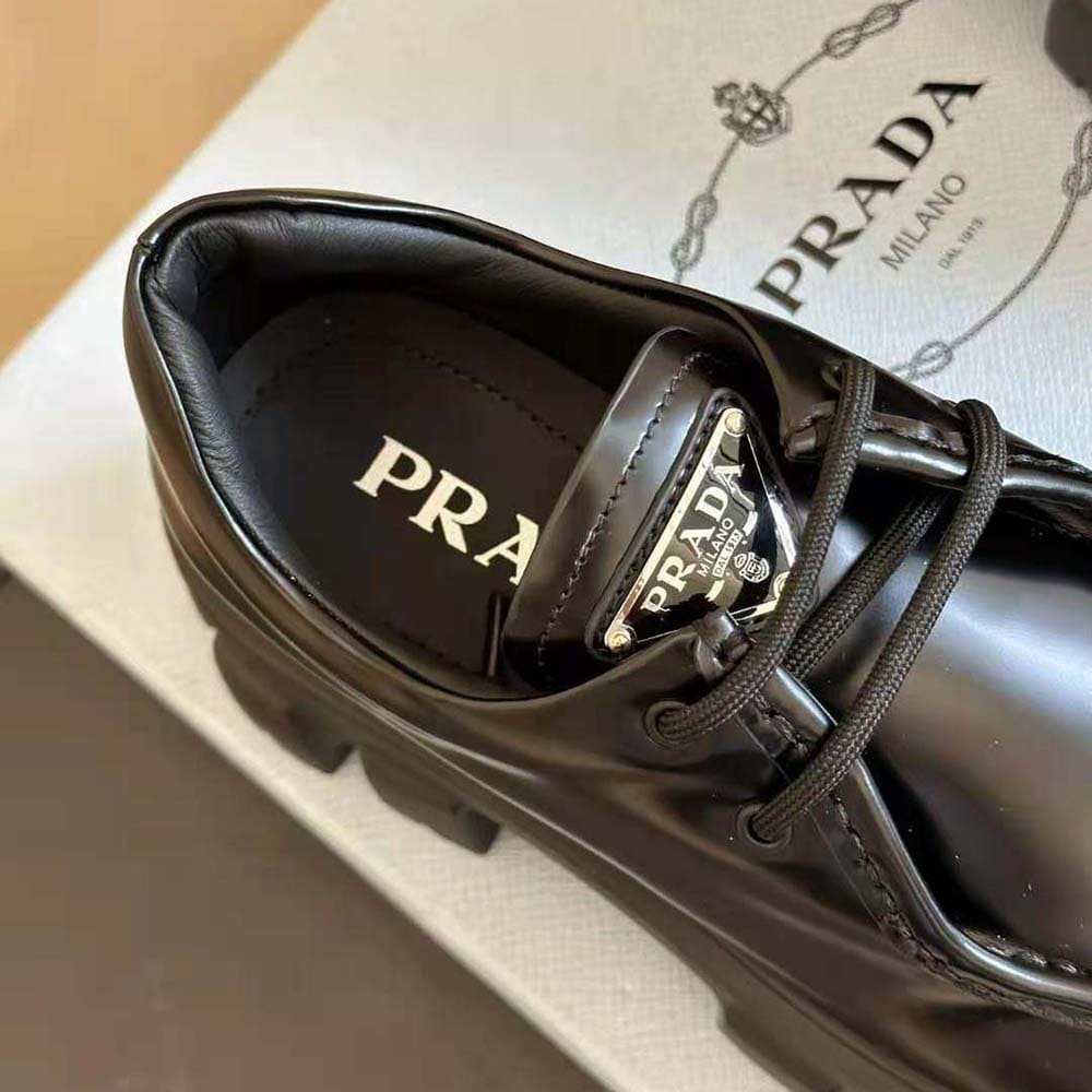 GIÀY Prada Women Monolith Brushed Leather Lace-up Shoes-Black