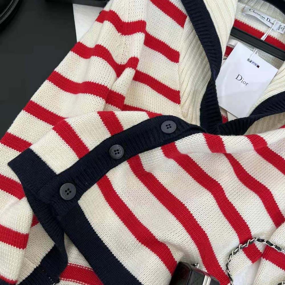 ÁO Dior Women Mariniere Cardigan Red and Ecru D-Stripes Ribbed Wool and Cashmere Knit