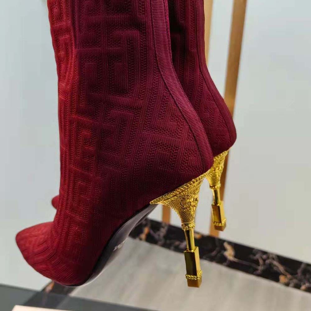 GIÀY Balmain Women Moneta Monogrammed Knit Ankle Boots with Engraved Heel-Red