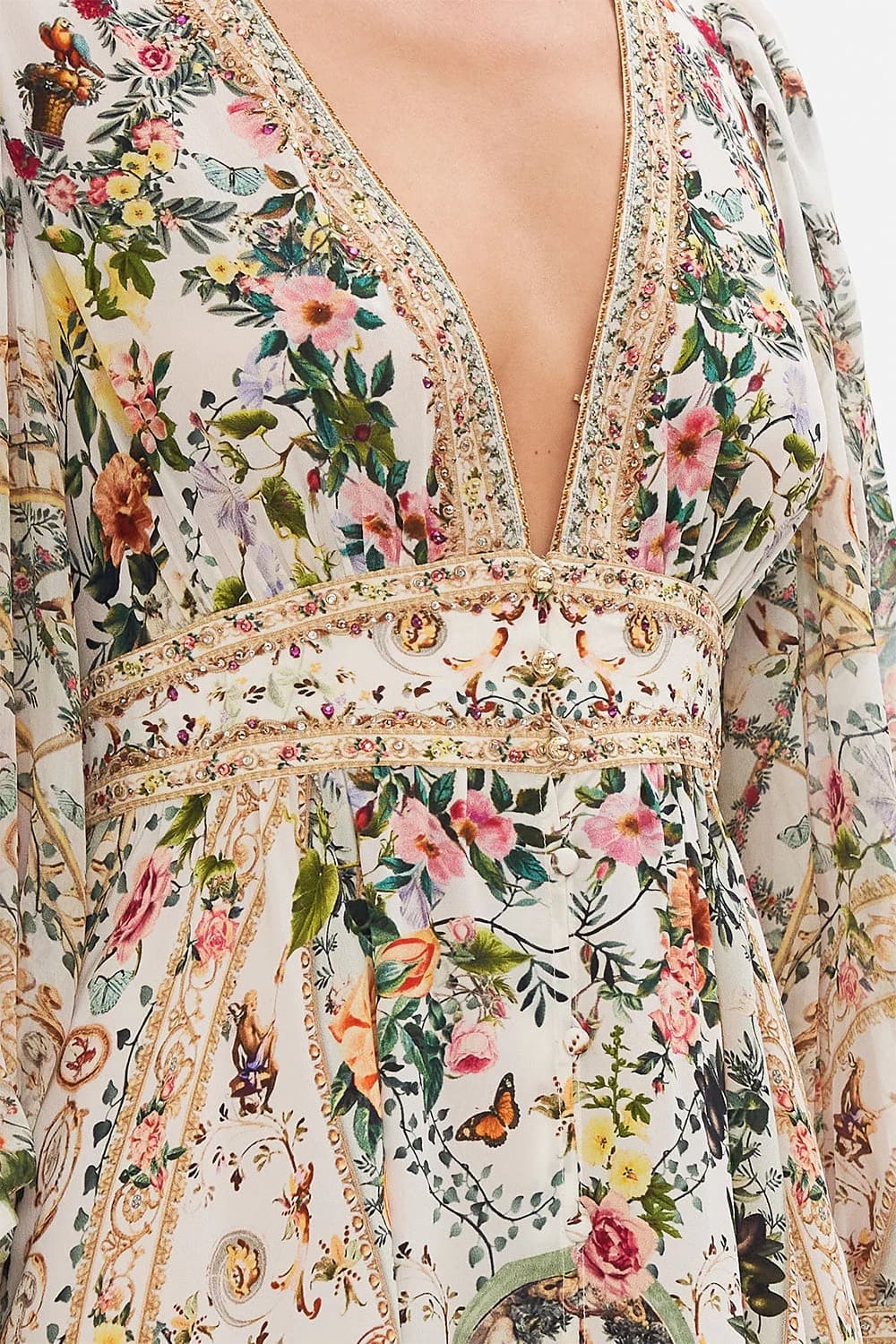 VÁY CAMILLA Silk Flower Cardigan Embellished V-Neck Maxi Dress High Classy Dài Tay