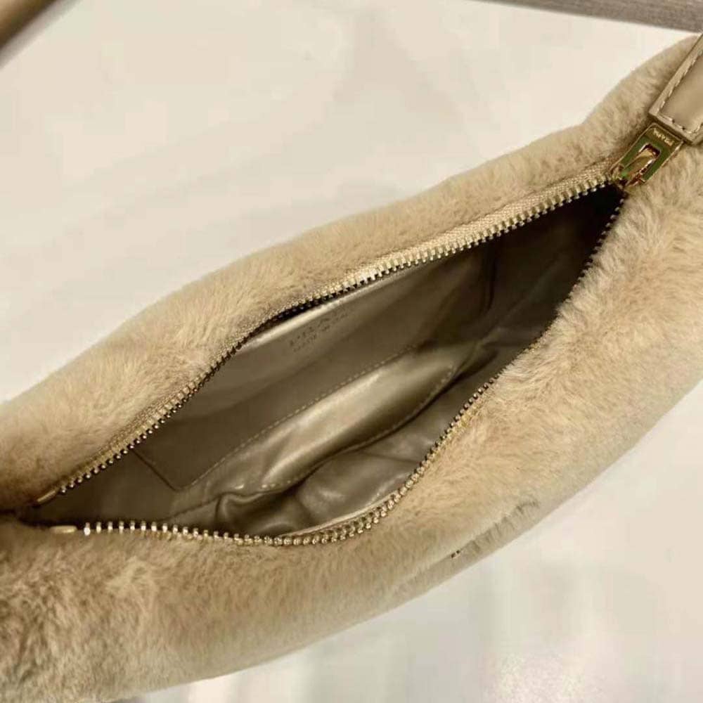 TÚI Prada Women Arqué Shearling and Leather Shoulder Bag-Beige