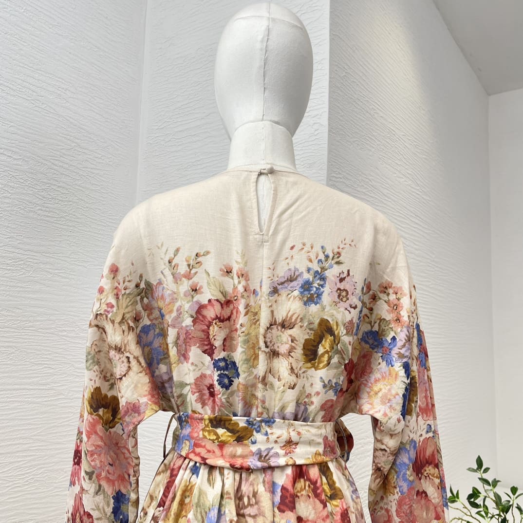 VÁY ZIMMERMANN Beige Floral Print Long Sleeve Belt Midi DressHigh Classy
