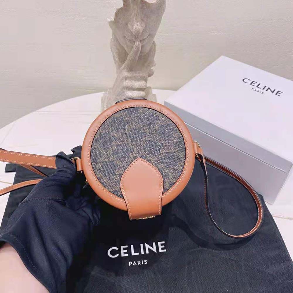 TÚI Celine Women Small Tambour Bag in Triomphe Canvas and Calfskin-Brown