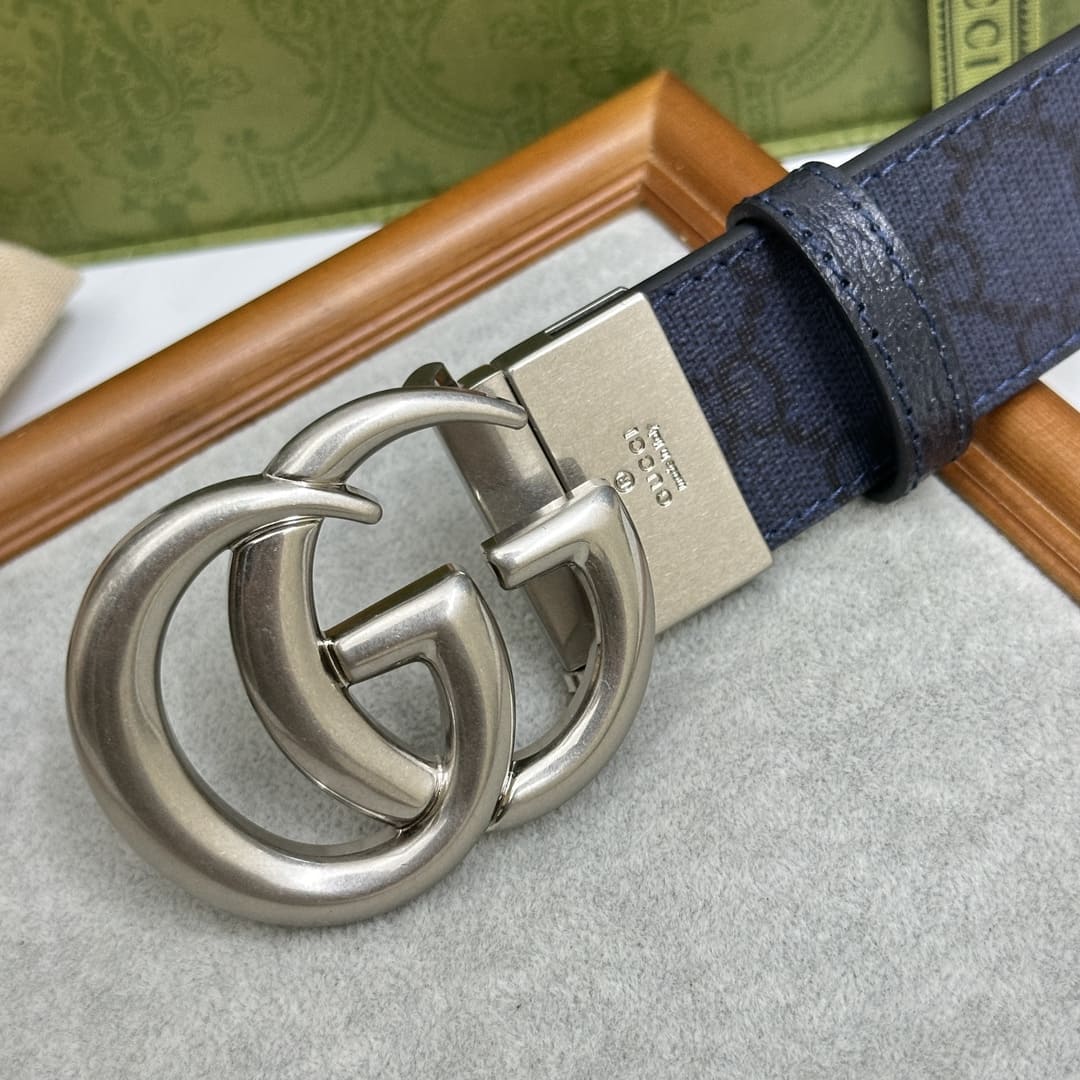 DÂY LƯNG GUCCI GG BLUE CANVAS LEATHER Khóa bạc