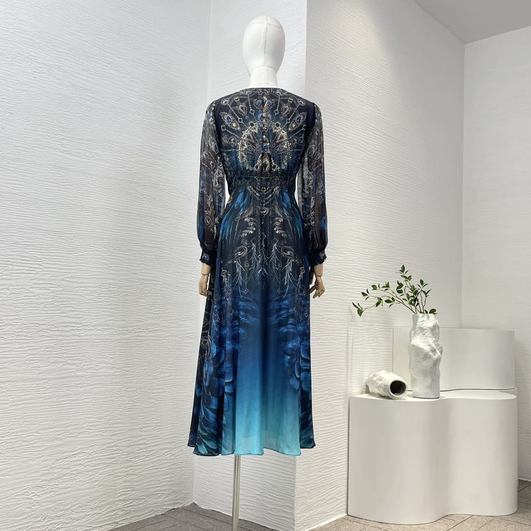 VÁY CAMILLA WorldCloset Diamonds Pressed Long Sleeve Blue Midi Dress High Classy