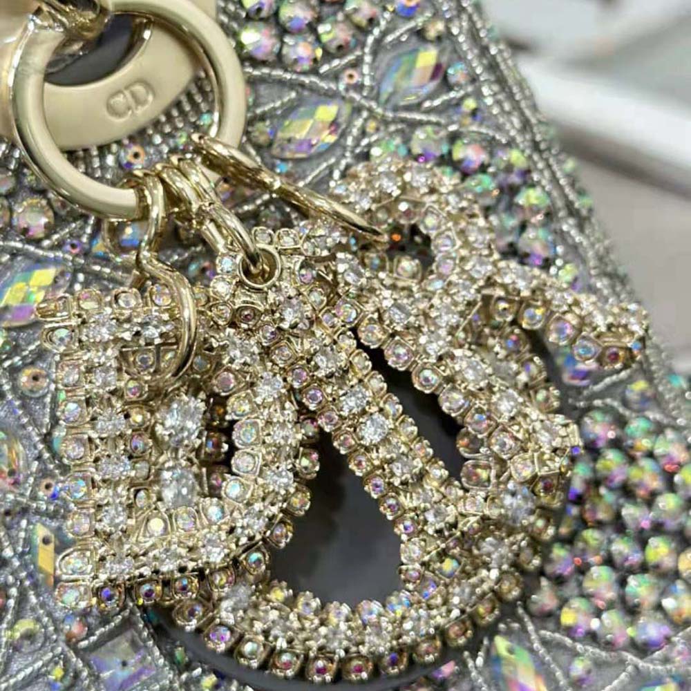 TÚI Dior Women Small Lady Dior Bag Gray Smooth Calfskin and Satin with Bead Embroidery