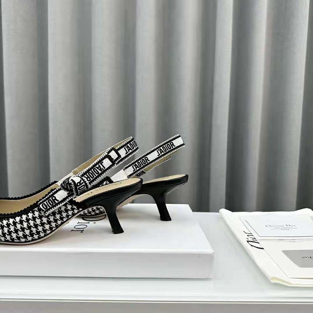 GIÀY Dior Women J’Adior Slingback Pump Black and White Micro-Houndstooth Embroidered Cotton