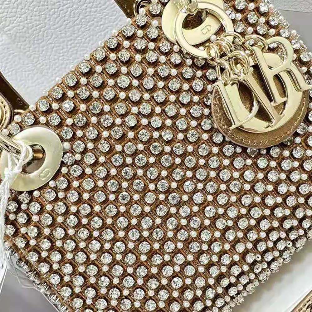 TÚI Dior Women Mini Lady Dior Bag Square-Pattern Embroidery Set with Strass and White Round Beads