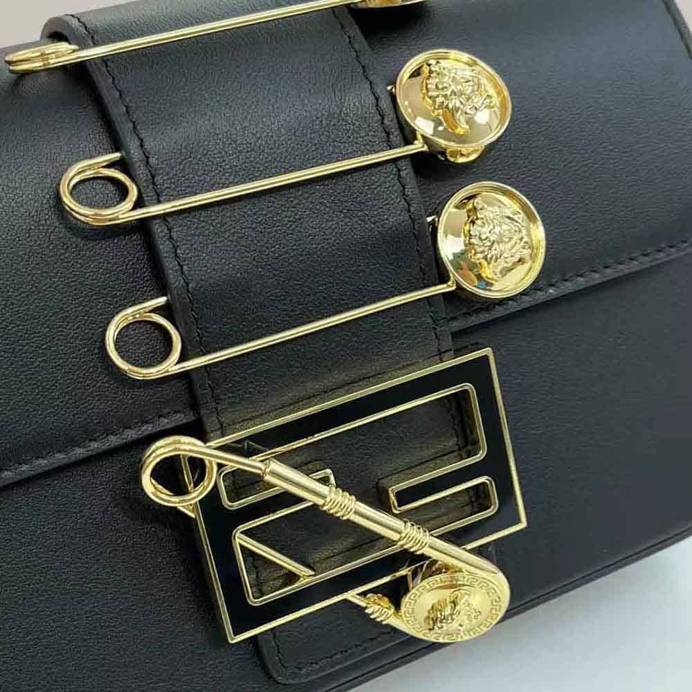 TÚI FENDI Women Brooch Mini Baguette Fendace Black Leather Bag
