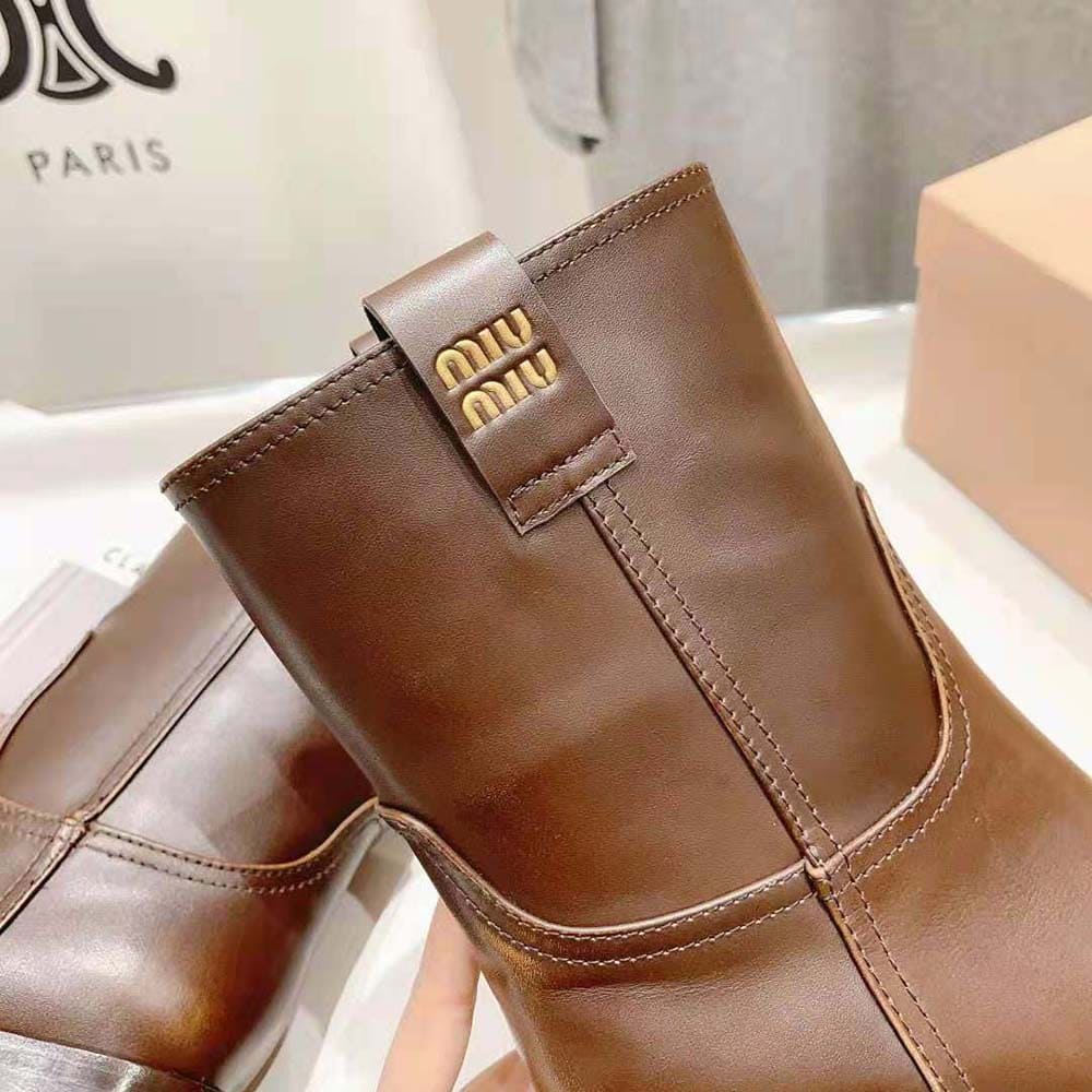 GIÀY Miu Miu Women Leather Booties with Hot-stamped Logo-Maroon