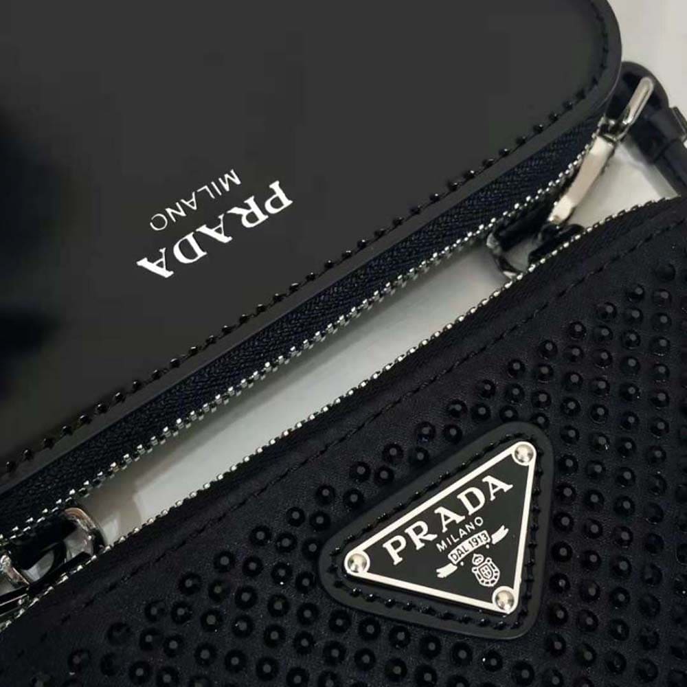 TÚI Prada Women Triangular Embellished Satin and Leather Mini-pouch-Black
