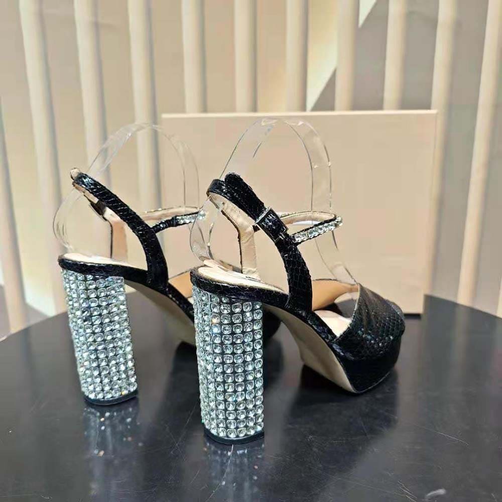 GIÀY Miu Miu Women Lizard-print Leather Platform Sandals-Black