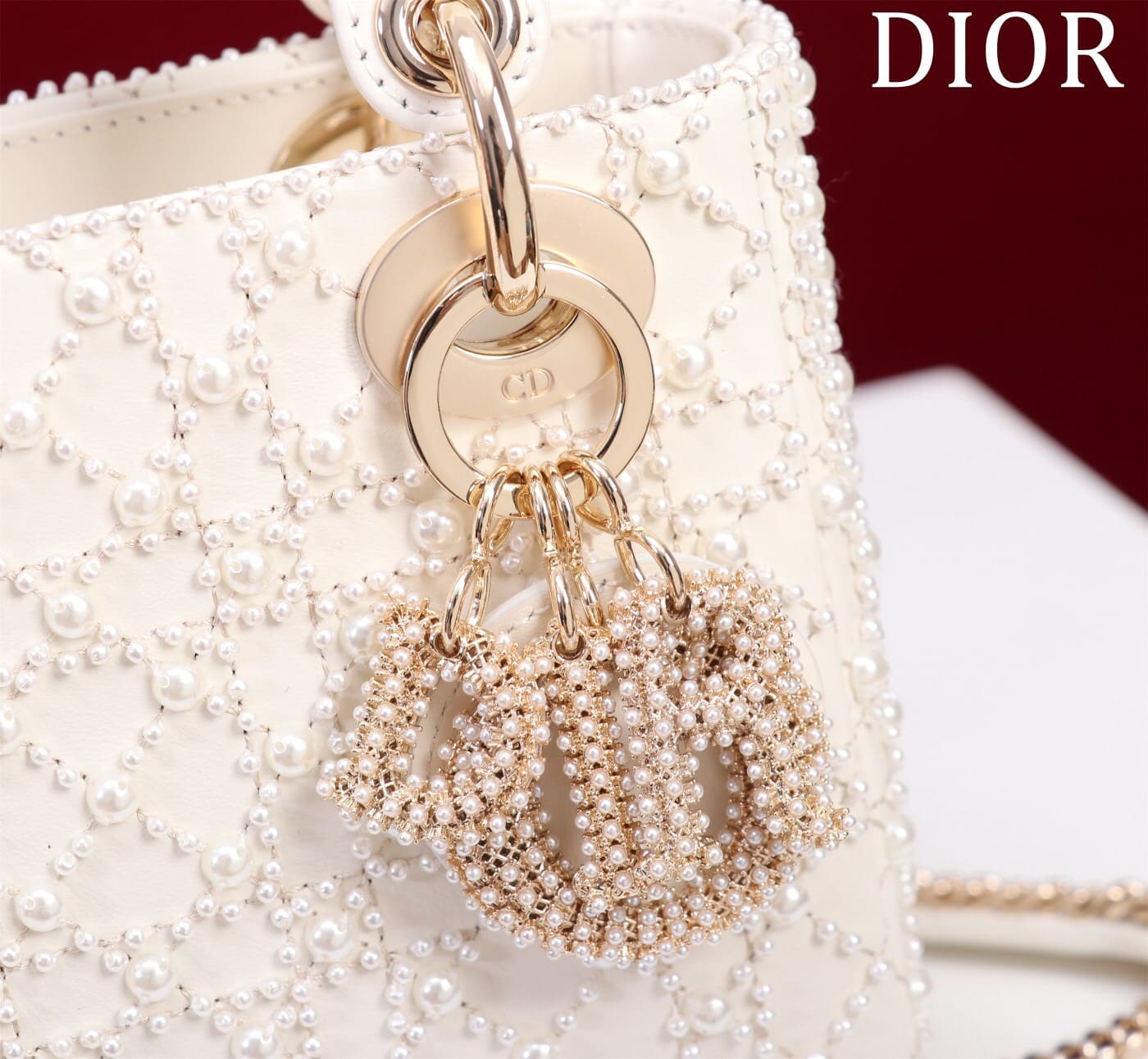 TÚI CHRISTIAN DIOR LADY DIOR Cannage Calfskin with Platinum Beaded Pearl Embroidery White