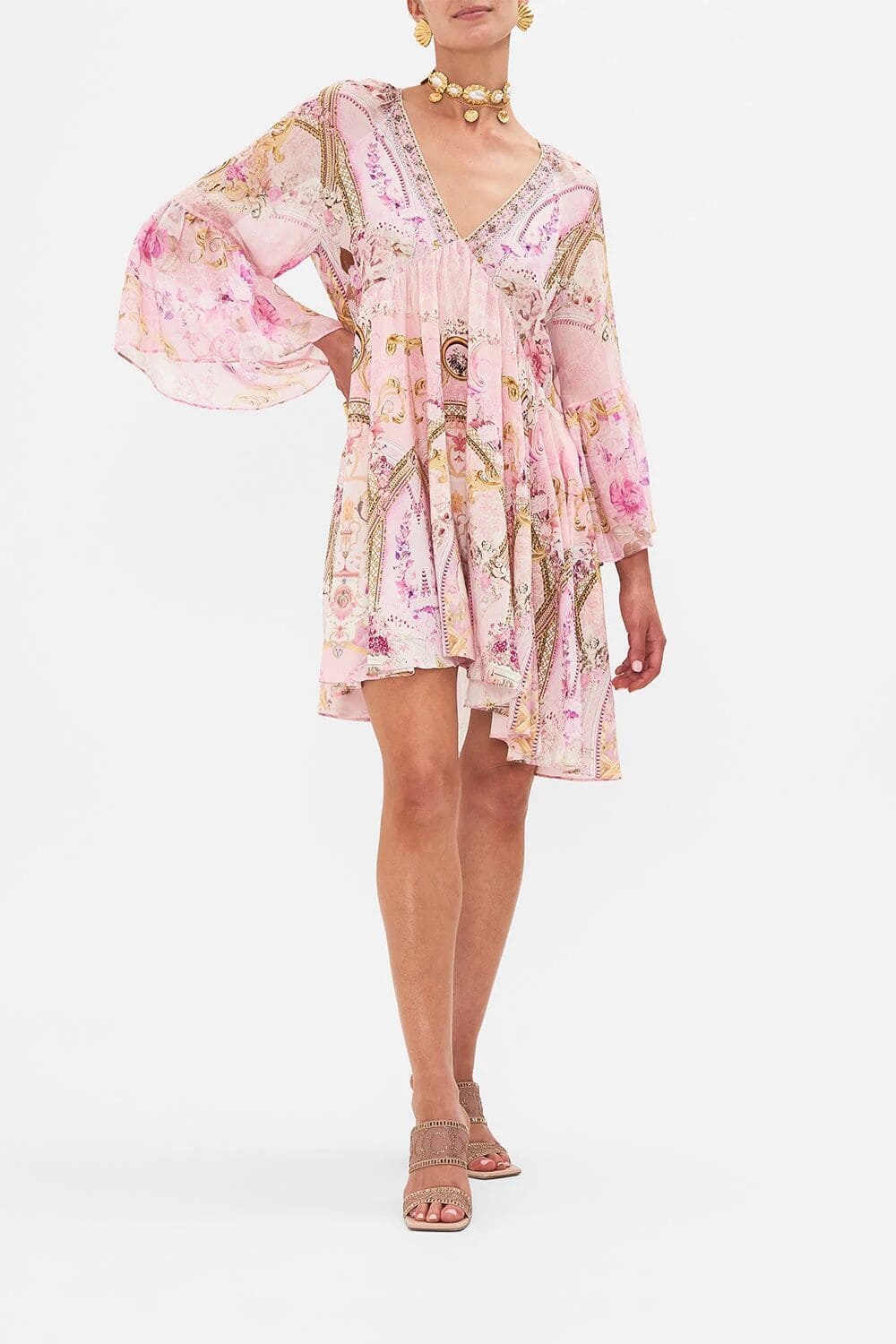 VÁY CAMILLA Silk Embellished V-Neck Midi Dress High Classy