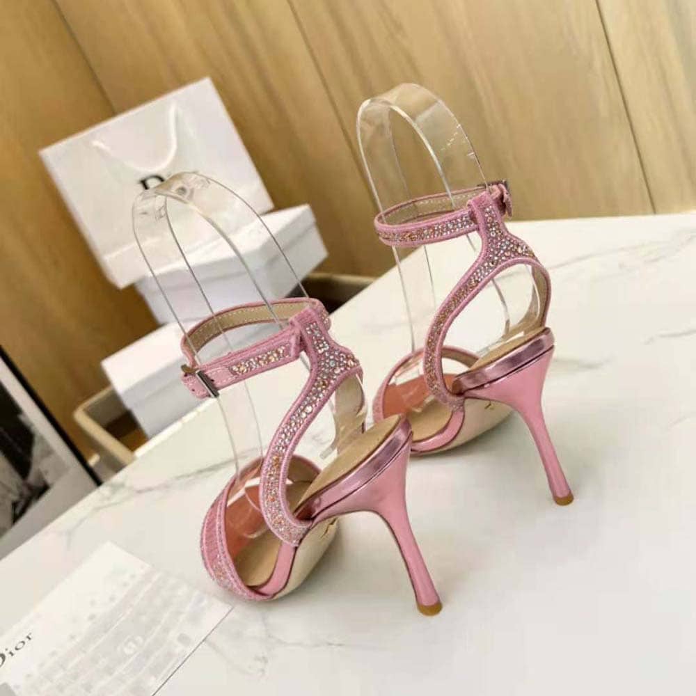 GIÀY Dior Women Dway Heeled Slide Pink Cotton Embroidered with Metallic Thread and Strass