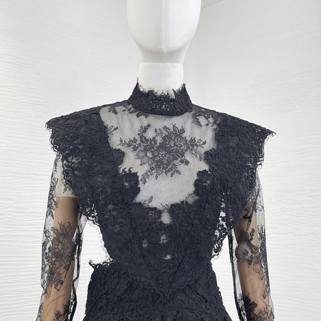 VÁY ZIMMERMANN Black Long Sleeve Lace Patchwork Midi Dress For Event High Classy
