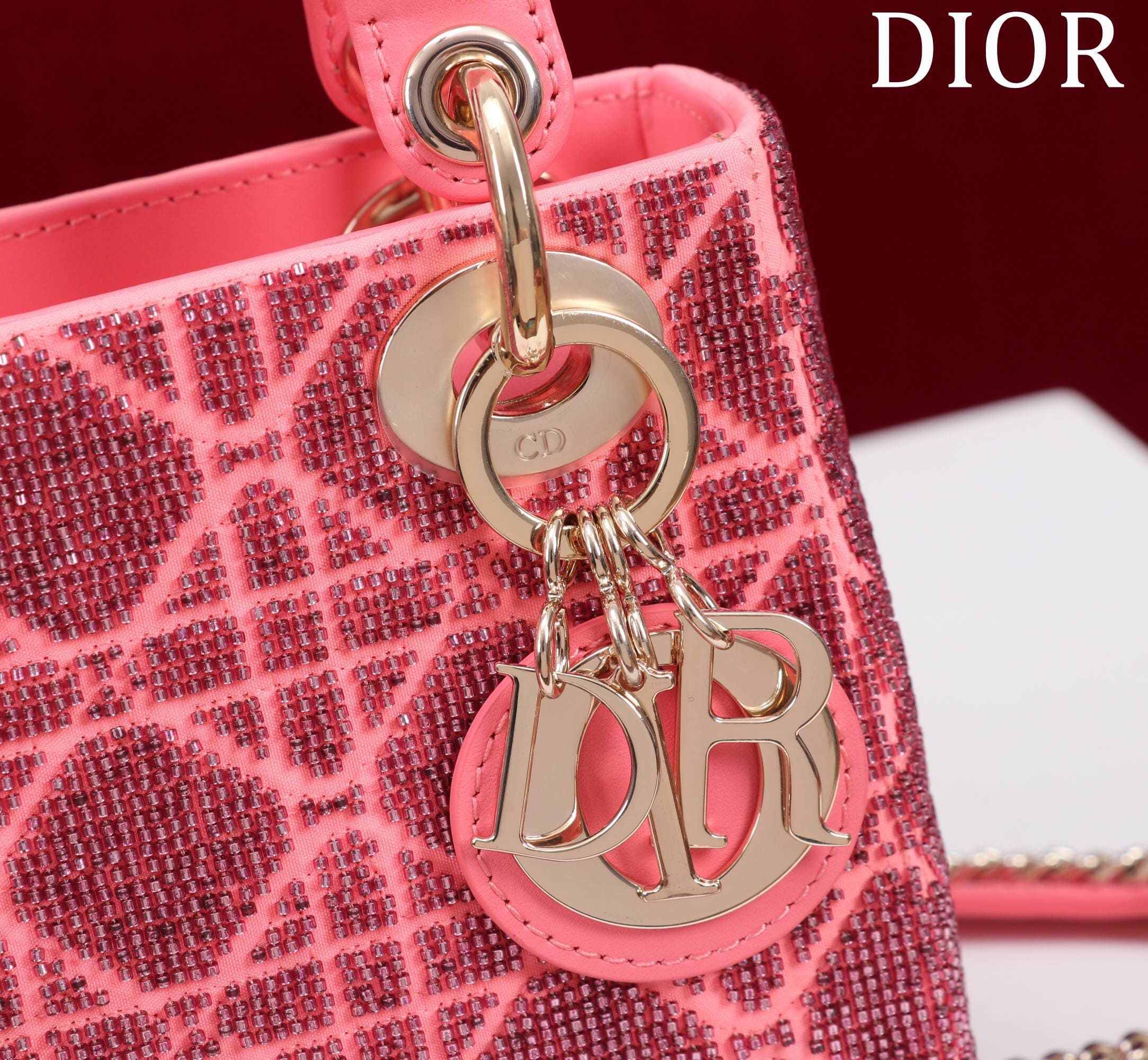 TÚI CHRISTIAN DIOR LADY DIOR Cannage Calfskin with Platinum Beaded Embroidery Pink