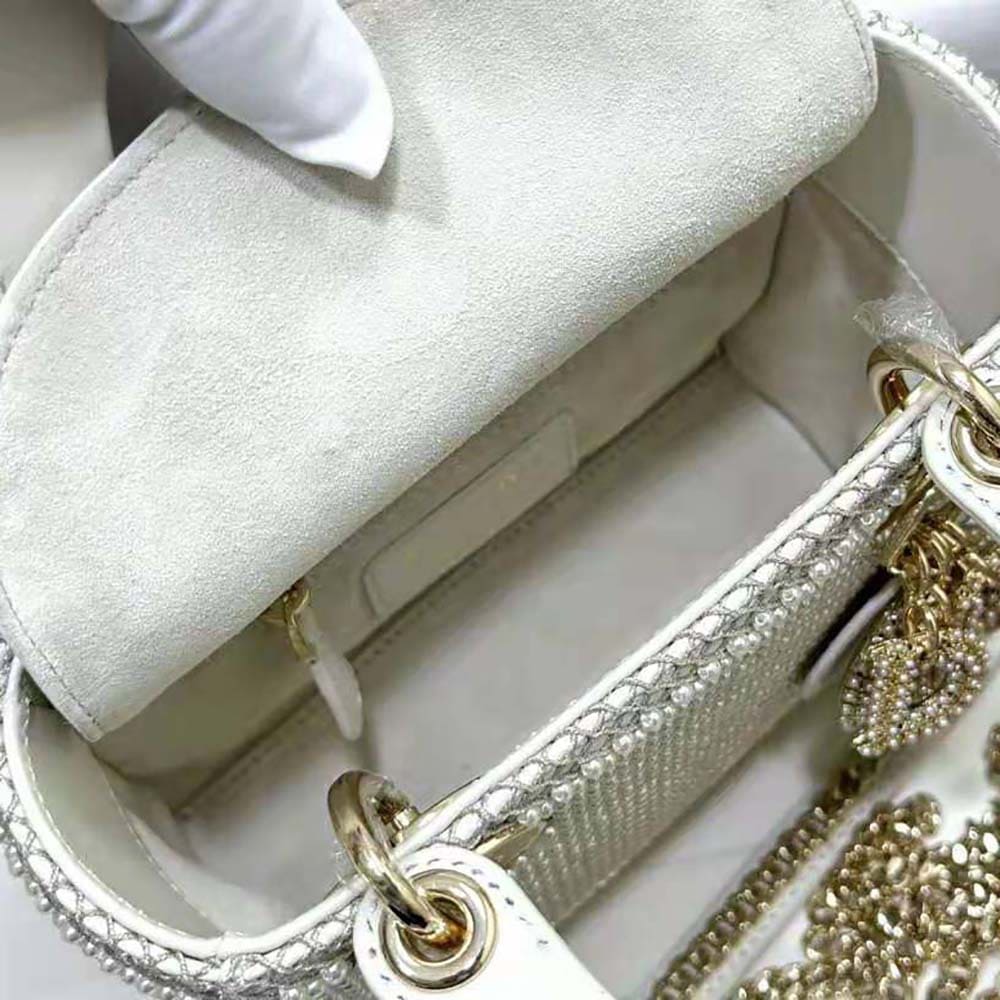 TÚI Dior Women Mini Lady Dior Bag Latte Calfskin Embroidered Entirely with White Resin Pearls