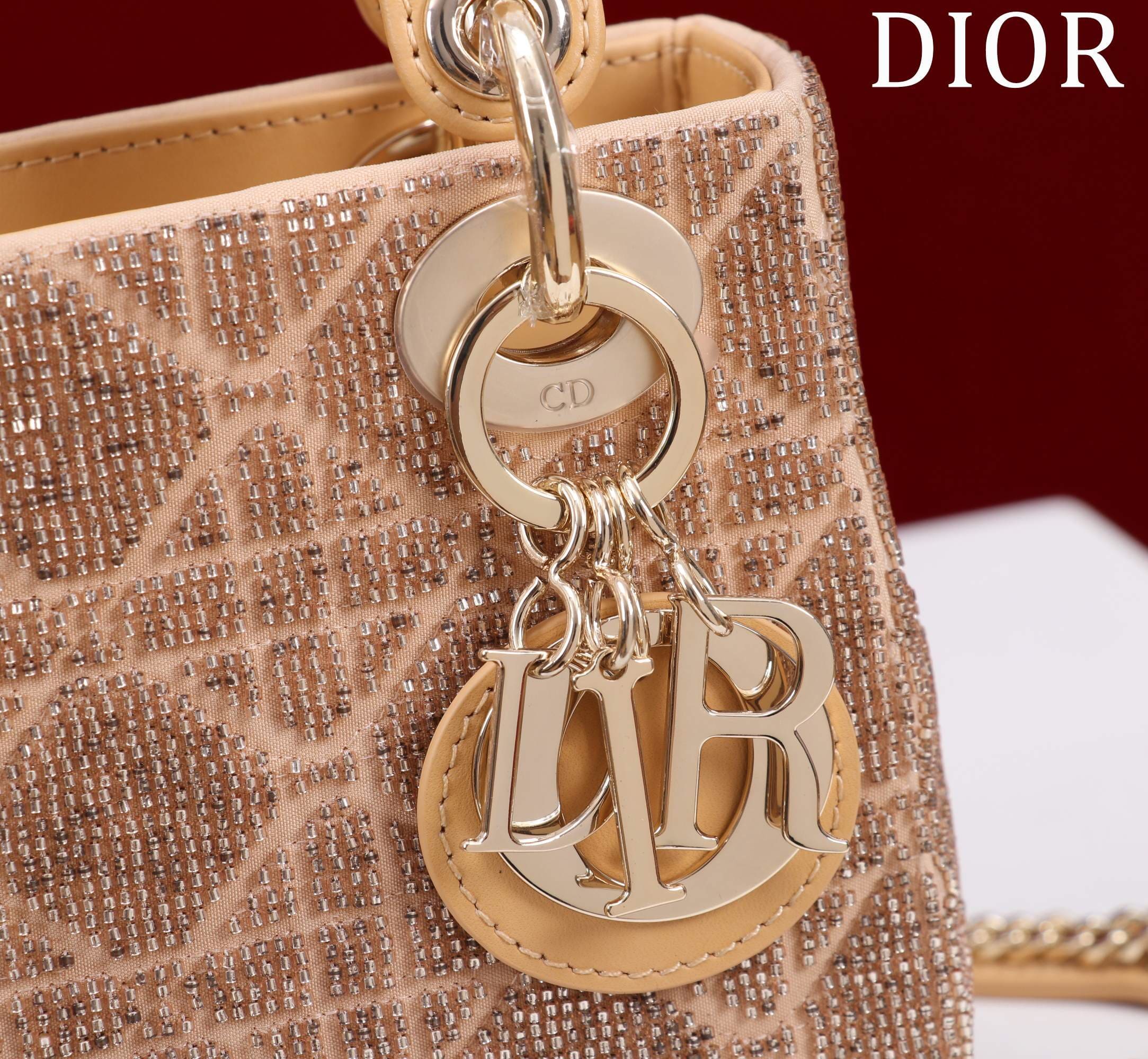 TÚI CHRISTIAN DIOR LADY DIOR Cannage Calfskin with Platinum Beaded Embroidery Brown